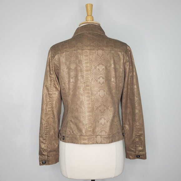 Dressbarn Brown Gold Snakeskin Print Stretchy Bling Buttons Jean Style Jacket M - Picture 8 of 15